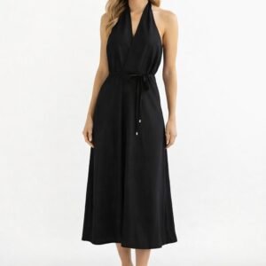 Black Satin Halter Midi Dress